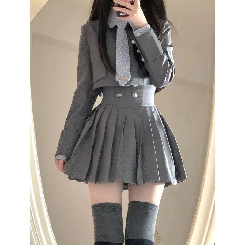 JazzHer 2024 New Elegant 3 Piece Set Skirt Woman Stripe Shirt + High Waist Y2k Mini Skirt + Short Coat Fashion Suit Preppy Style Summer