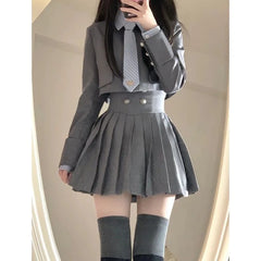 JazzHer 2024 New Elegant 3 Piece Set Skirt Woman Stripe Shirt + High Waist Y2k Mini Skirt + Short Coat Fashion Suit Preppy Style Summer