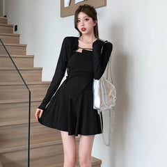 JazzHer-New Autumn Fashion Black Slim Mini Dress for Women Long Sleeved Sunscreen Cardigan Elegant Chic Office Lady Dresses Korean