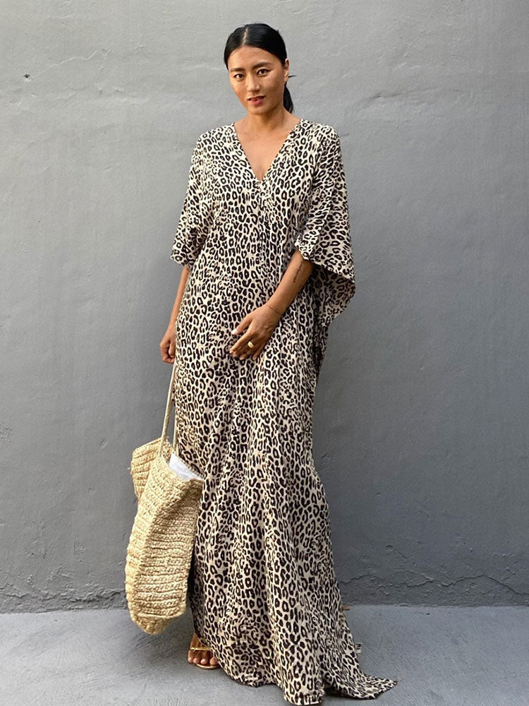 JazzHer 2024  Leopard Self Belted Side Split Summer Beach Dress Long Tunic Women Clothes Plus Size Beachwear Maxi Dress Q1226