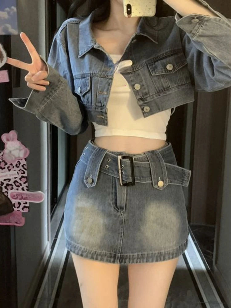 JazzHer Vintage Denim Suit Woman Slim Casual Short Cardigan + Sexy Bodycon Y2k Mini Skirt Elegant Korean Fashion Set 2024 Spring Chic