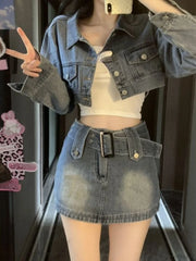 JazzHer Vintage Denim Suit Woman Slim Casual Short Cardigan + Sexy Bodycon Y2k Mini Skirt Elegant Korean Fashion Set 2024 Spring Chic