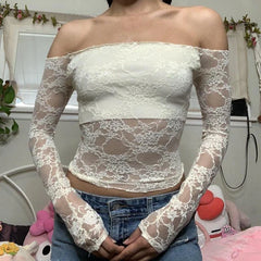 JazzHer Y2K Vintage Floral Lace Off Shoulder Long Sleeve Tees 2000s Fairy Coquette T-shirt Chic Women Backless Slilm Fit Crop Tops