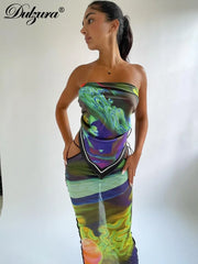 JazzHer Tie Dye Print Women 2 Piece Set Tie Up Crop Top Tanks Mesh Maxi Skirt Set Y2K Outfits Co Ords Matching Clothes