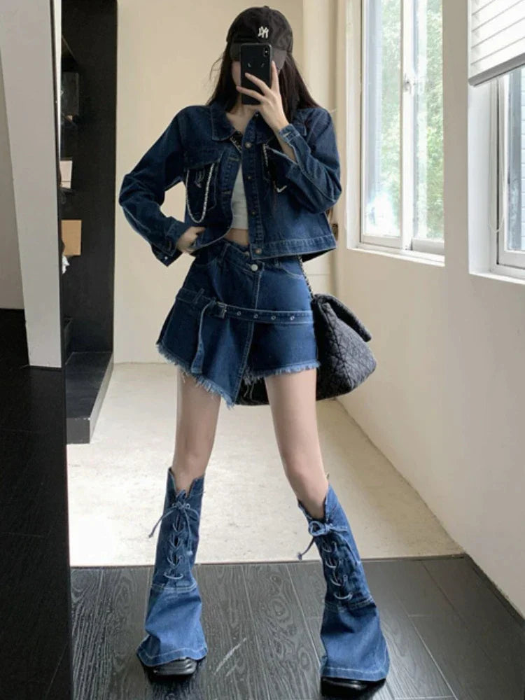 JazzHer-Streetwear Blue Cowboy Tops Coat Asymmetrical Design Lace Up Denim Mini Skirt Autumn Three Piece Sets Womens Outfits