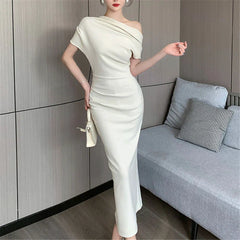 JazzHer-Elegant Chic Party Evening Dress for Women One Shoulder Folds Ladies Fashion Vintage Slim Long Bodycon Dresses Summer