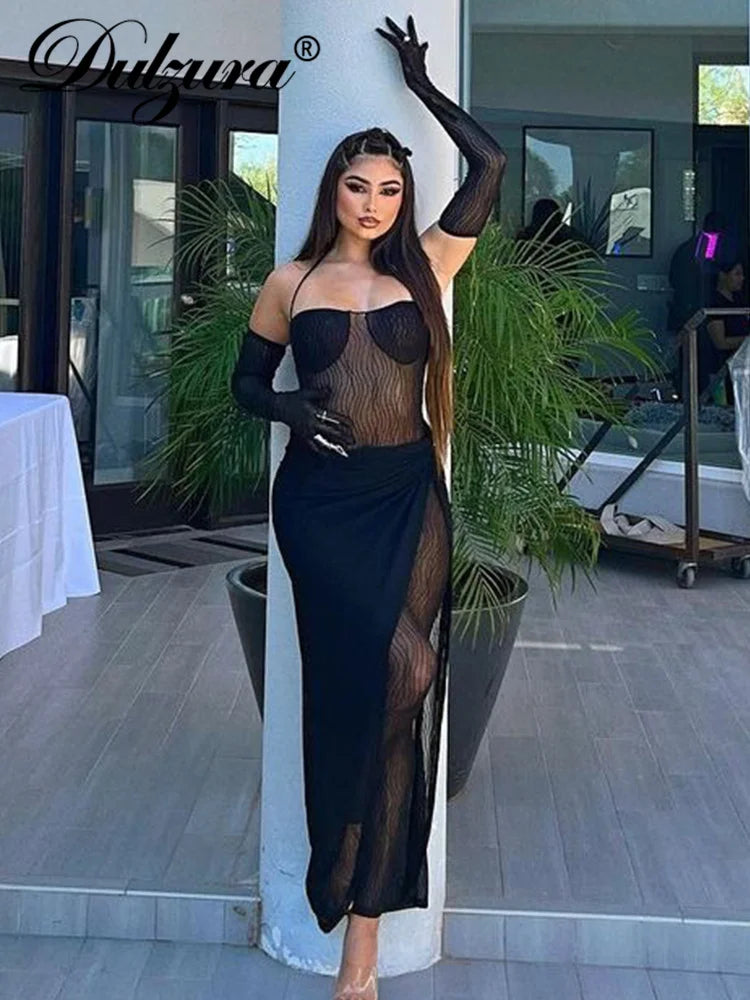 JazzHer Women Mesh See Through Sexy Y2K Clothes 2 Piece Lace Up Long Sleeve Backless Top High Waist Maxi Skirt Matching Set Club