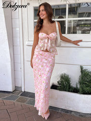 JazzHer Sexy Matching Suit Floral Print Sleeveless Strapless Tube Top Midi Dress Set Women Summer Beach Party Club Wholesale Y2K