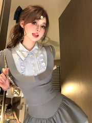 JazzHer Preppy Style Grey 2 Piece Set Summer Women Korean Fashion Y2k Crop Tops High Waist Kawaii Slim Mini Skirt Hot Girls 2000s