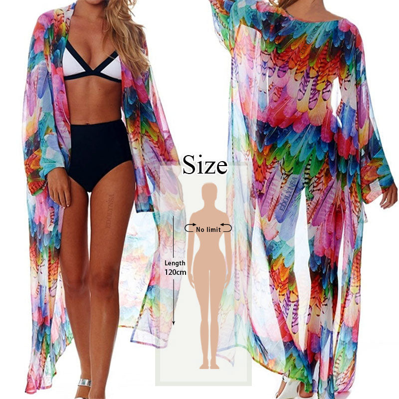 JazzHer Saida De Praia Fashion Beach Kimono Dress Women Beachwear Multicolored Bohemian Tropical Printed Ankle Length Pareo Dress Q600