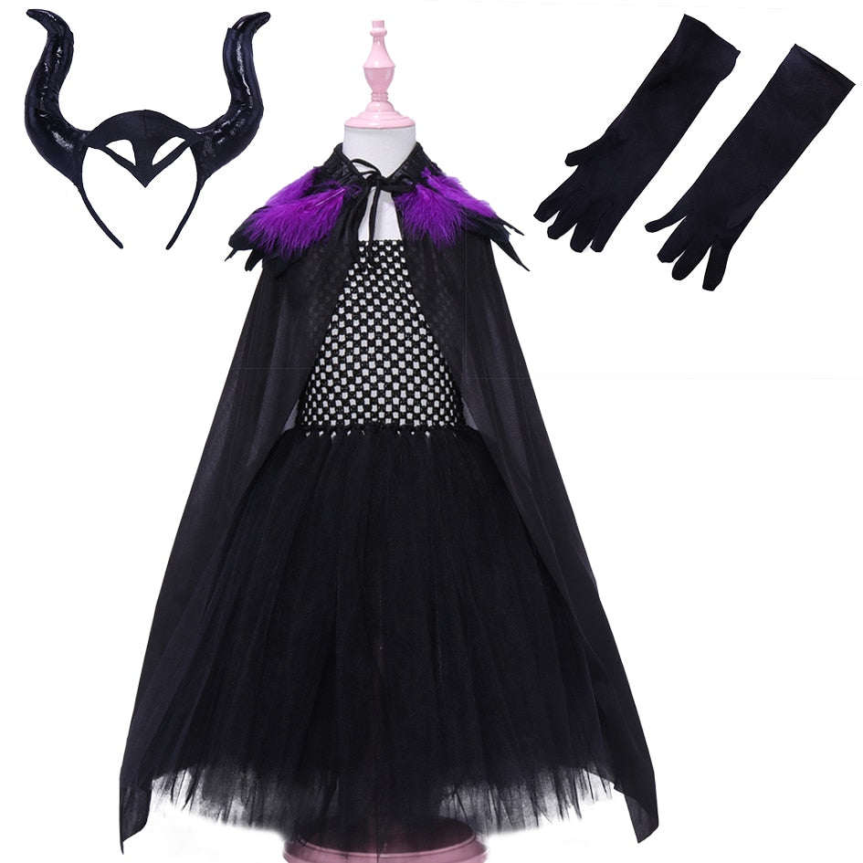 JazzHer Halloween Awakecrm Black Dress For Girls Halloween Costume Evil Witch Kids Cosplay Costume Children Carnival Gown Girl Tutu Dress With Cloak