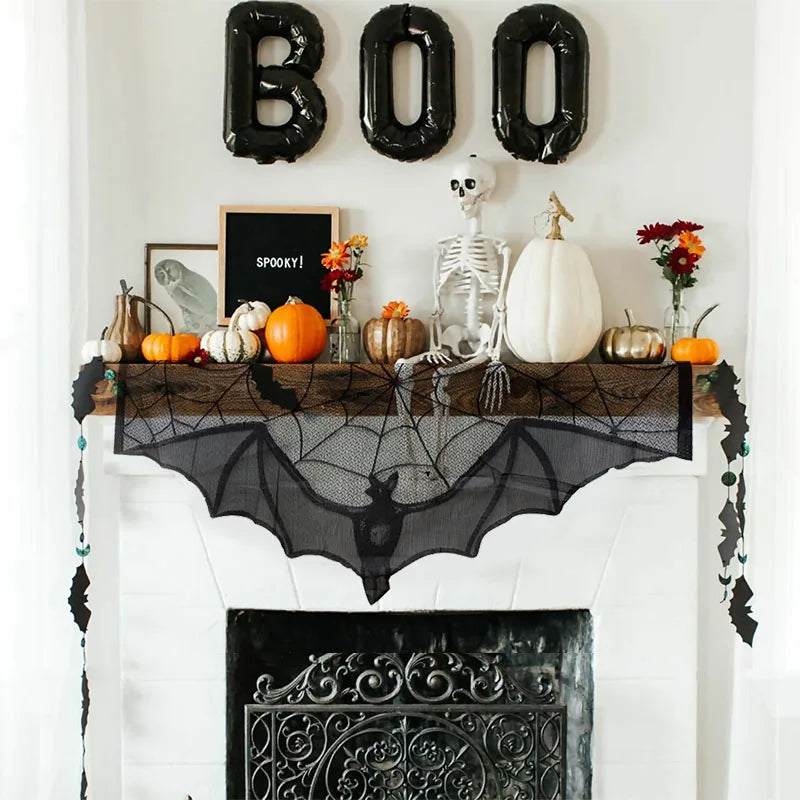 JazzHer Halloween Bat Table Runner Black Spider Web Lace Tablecloth Fireplace Curtain for Halloween Party Home Decoration Horror Props