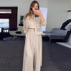 JazzHer 2 Piece Sets Women Outfits Coat Wide Leg Pants Suit Pocket Single Breasted Turndown Collar Jacket Loose Trousers Casual Ensemble