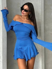 TARUXY Off-shoulder Fungus Long-Sleeved Elegant Dress Female Folds Patchwork Bodycon Mini Dresses Solid High Waist Sexy Outfits