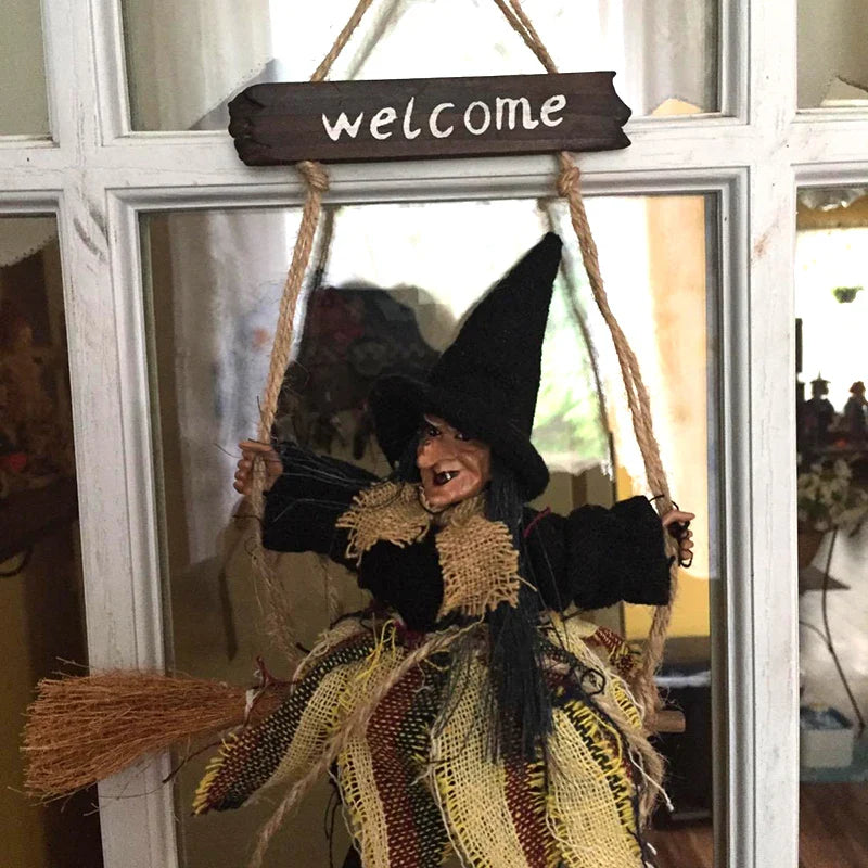 JazzHer Halloween Horror Witch Doll Hanging Ornaments Flying Witch with Broom Pendant Halloween Party Decoration for Home DIY Wreath