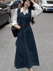 JazzHer Sweet Style 2 Piece Set for Women Dress Sets Turn Down Collar Shirt Denim Midi Dresses Casual Fashion Female Suit Autumn New