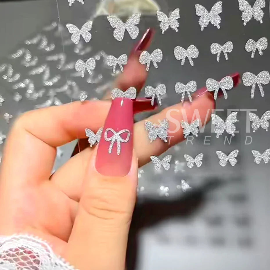 JazzHer 3D Reflective Glitter Nail Stickers Silver Powder Butterfly Star Design Laser Love Heart Foils Nail Sliders Decoration Manicures