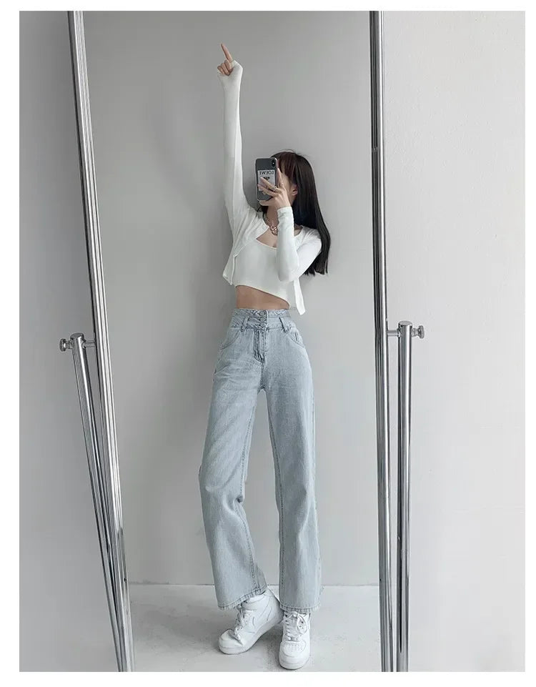 JazzHer Washed Jeans Wide Leg Pants Women High Waist Pockets Button Basics Solid Full Length Denims Casual Vintage Straight Trousers