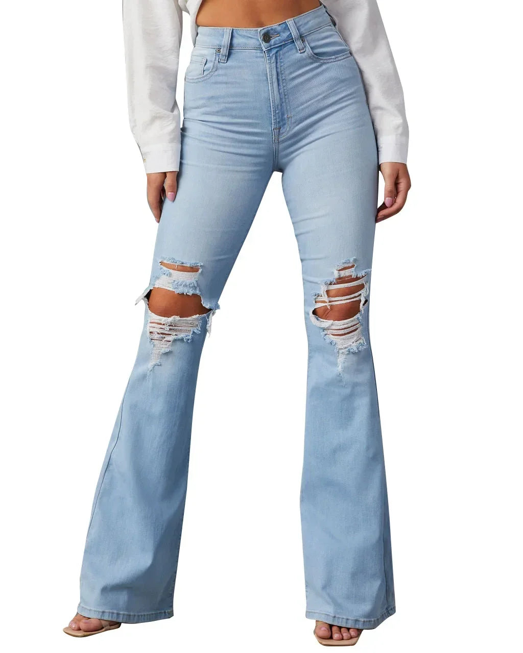 JazzHer Women Denim Flare Pants Streetwear Jeans Loose Fit High Waist Pockets Holes Ankle Length Solid Color Spring 2024 Zipper Fly