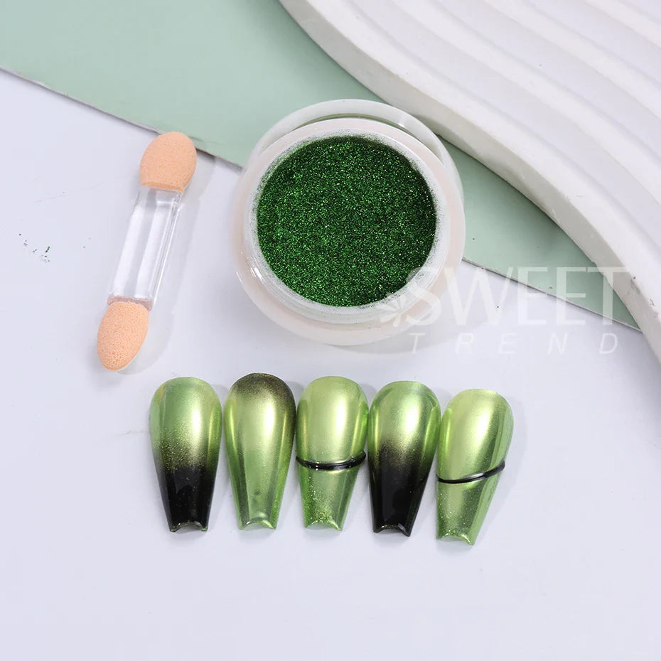 JazzHer 1Box Green Mirror Powder Nail Art Glitter UV Gel Polish Chrome Dust Metallic Effect Pigment St. Patrick's Day Nail Decoration