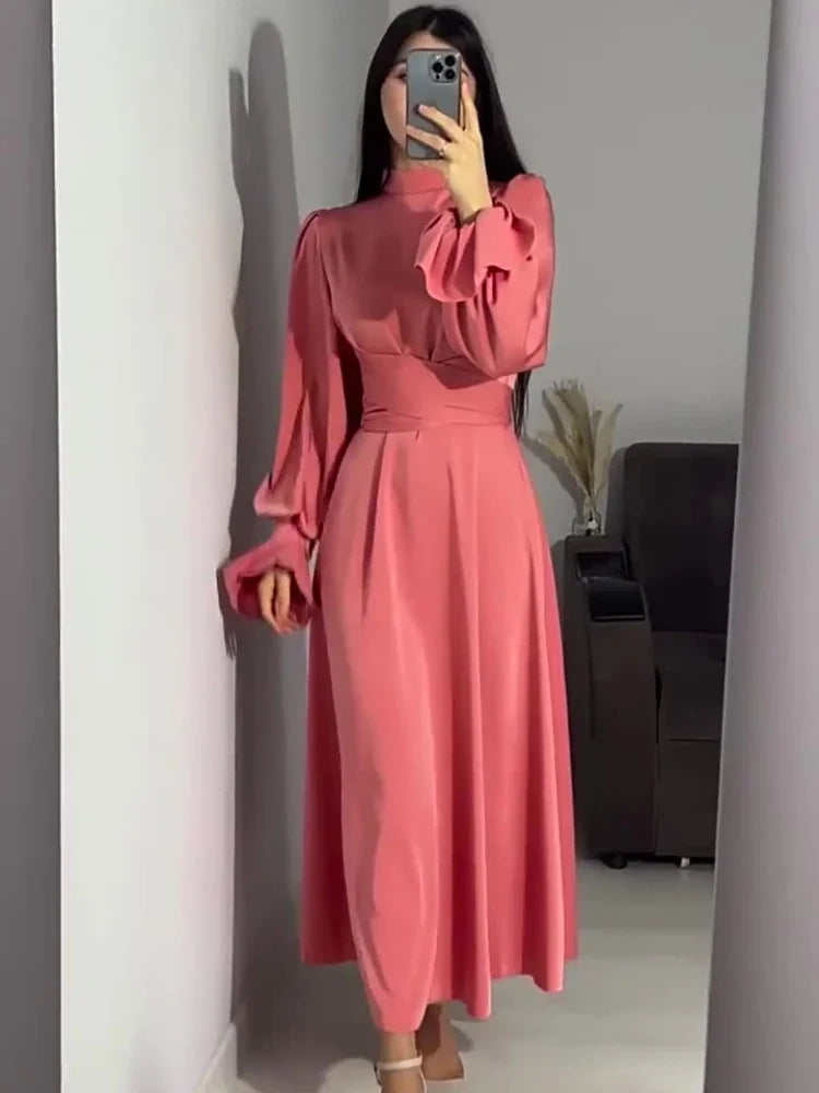 JazzHer Eid Satin Party Dress for woman Abaya Flare Sleeve Vestidos Largos Dresses Ramadan Lace-up Islam Largo Dubai Arab Long Robe 2024