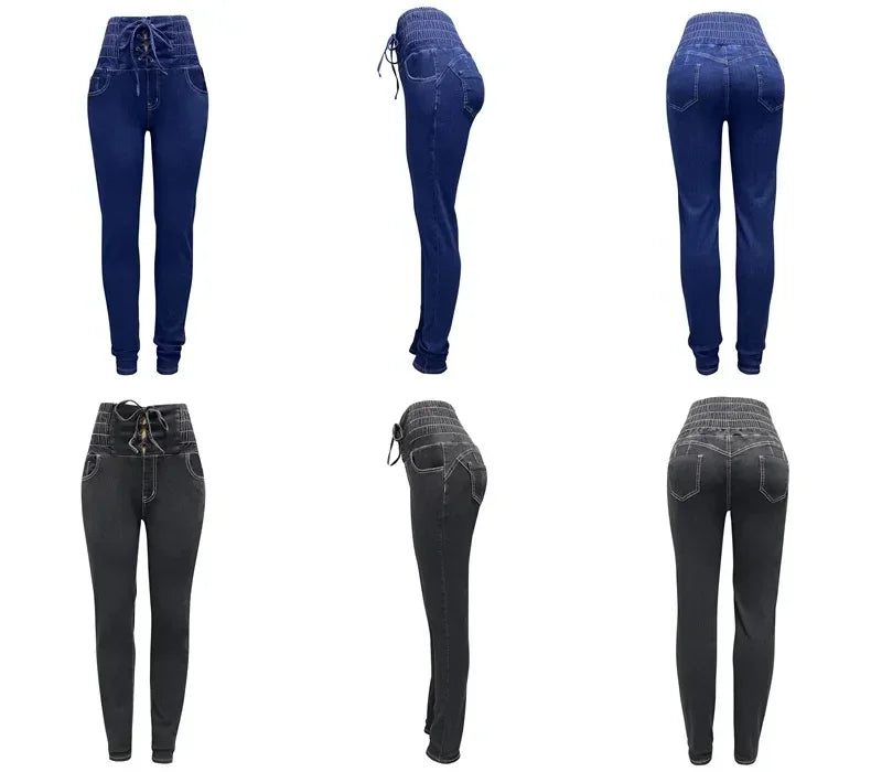 JazzHer Women Jeans Denim Pencil Pants Slim Fit Buttock Lift Elastic Waist Pockets High Street Bandage Solid Sheath Spliced Button