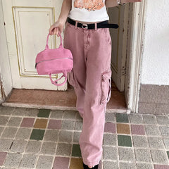 JazzHer Jeans Ankle Length Straight Loose Fit Women Cargo Pants Vintage Solid Pockets Denim Spliced Washed 2024 Summer High Street