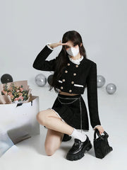 JazzHer 2024 Autumn Vintage Suit Korean Fashion 2 Piece Dress Set Black Y2k Mini Skirt Woman + Elegant Crop Tops Casual Casual Clothing