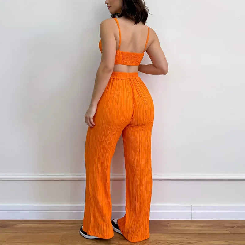 JazzHer Women Two Piece Pant Sets Hollow Out Folds Suspenders Sleeveless Strapless Loose Drawstring Trousers Casual Summer Beach