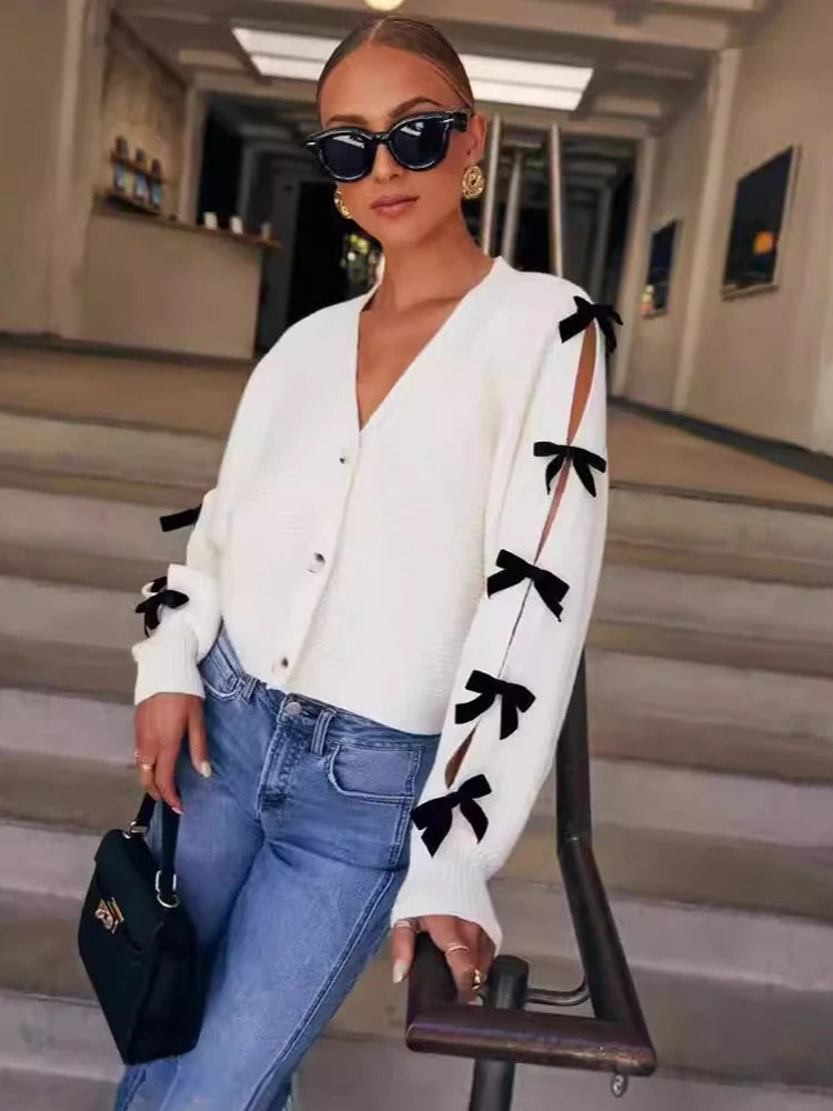 TARUXY Sweater Cardigan Female V Neck Knitted Bows Coat Chic Splice Hollow Out Fashion Long Sleeve Cardigan Outwear Women's New