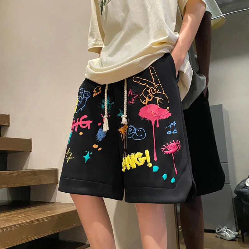 JazzHer Fashion Summer Vintage y2k Shorts Graffiti Print Short Men And Women Summer American High Street Loose Casual Basketball Pants