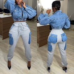 JazzHer Women Casual Ankle Length Trousers Denim Multi Pockets Jeans Stretch Mid Waist 2024 Autumn Streetwear Drawstring Cargo Pants