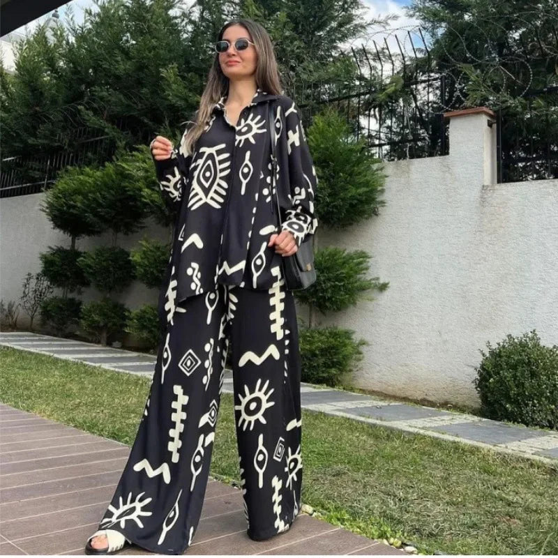 JazzHer Two Piece Sets Women Print Blouse Shirt Single Breasted Wide Leg Pants Lace Up Full Length Loose Fit Suit Casual Ensemble