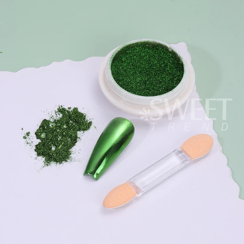 JazzHer 1Box Green Mirror Powder Nail Art Glitter UV Gel Polish Chrome Dust Metallic Effect Pigment St. Patrick's Day Nail Decoration