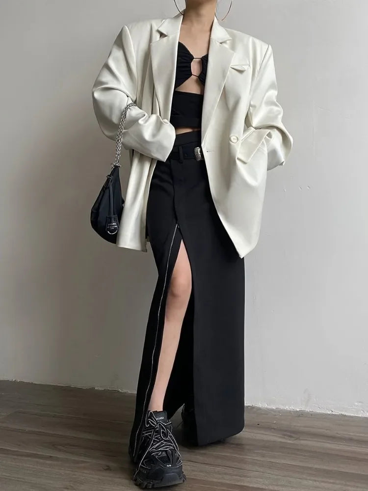 JazzHer- Sexy Zipper Split Out Black Skirt High Street Solid High Waist Long Skirts for Women Club Party Streetwear Fashion Trend