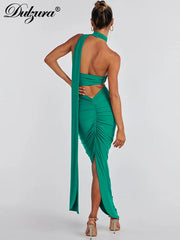 JazzHer Matching Suit Halter Backless Solid Maxi Hip Ruched Skirt Sexy Sleeveless Vestidos Elegant 2024 Clothes Club Y2K Classic