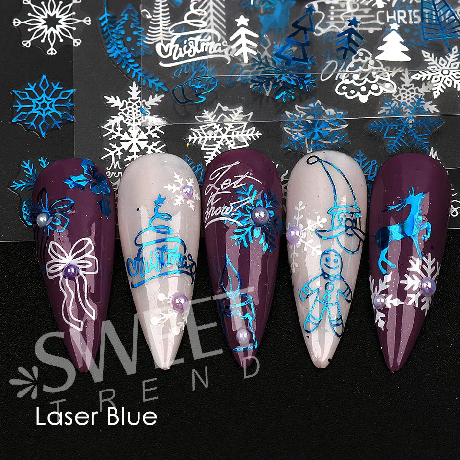 JazzHer Laser Blue Winter Snowflakes Nail Polish Sticker 3D Merry Christmas Snowflakes Deer Decal Sparkly White Manicure Decor LYSW-G020