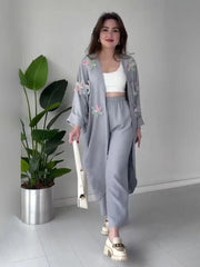 JazzHer Eid Muslim Women Two Piece Sets Musulman Ensemble Split Blouses Wide Leg Pants Suits Casual Arab Morocco Dubai 2024 Outfit