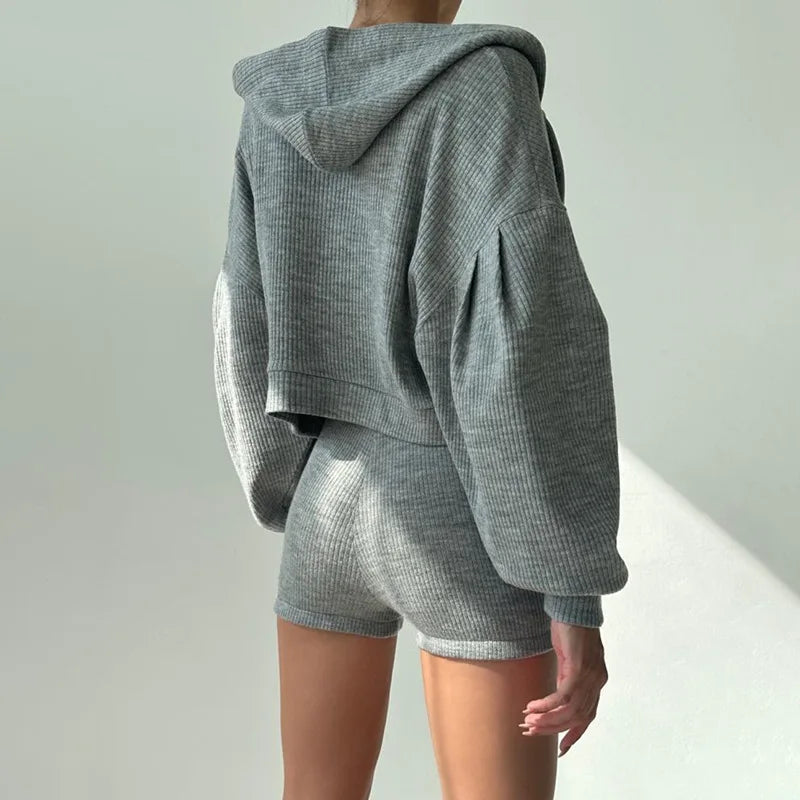 JazzHer-2024 Spring and Summer knitted zipper hooded cardigan sweatshirt V-neck bra high-waisted tight shorts casual three-piece set