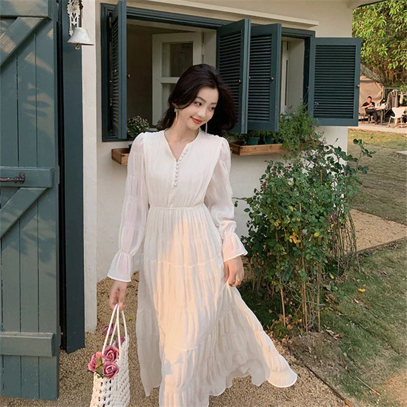 JazzHer-Elegant Chic Women White Midi Dress for Autumn 2024 New Chiffon Puff Long Sleeve V-neck Casual Office Lady Cute Fairy Dress