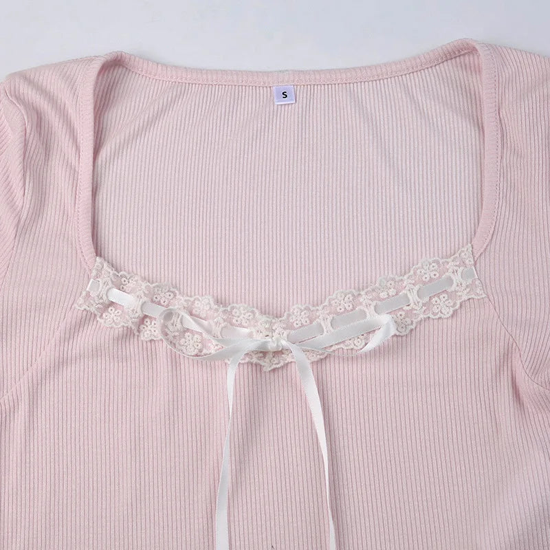 JazzHer Y2K Lace Trim Bowknot T-shirt 00s Retro Sweet Girl Pink Crop Tops Square Collar Long Sleeve Ribbed Tees Fairycore Kawaii Women