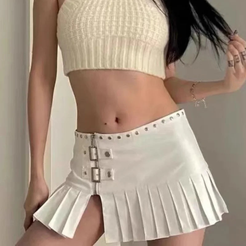 JazzHer-Punk Leather Skirt Women Y2k Streetwear Low Waist A-line Split Rivet Zipper Sexy Pleated Mini Skirt Summer Night Club