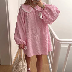 JazzHer Fairycore Cute Y2K Ruffle Trim Doll Collar Plaid Dress Kawaii Lolita Babydoll Dress Women Puff Long Sleeve Loose Fit Mini Dress