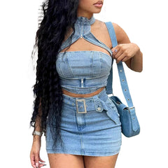 JazzHer Denim Dress Sets Mini Wrap Buttocks Dress Slim Sheath Solid Two Pieces Sashes Sexy Pullover Tops Washed High Street Spliced