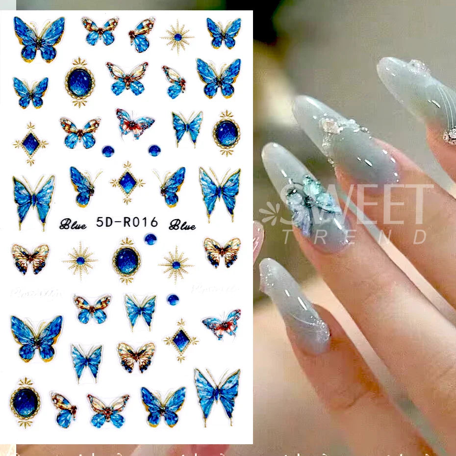 JazzHer 1 Sheet Blue Butterfly 5D Nail Stickers Jewelry Holographic Colorful Letter Self Adhesive DIY Sliders Decal Manicure Decorations