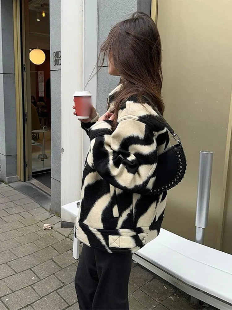 JazzHer Women Fashion Blocking Zebra Print Jacket Chic Lapel Snap Button Long Sleeves Loose Coat 2024 Autumn Female Warm Streetwear