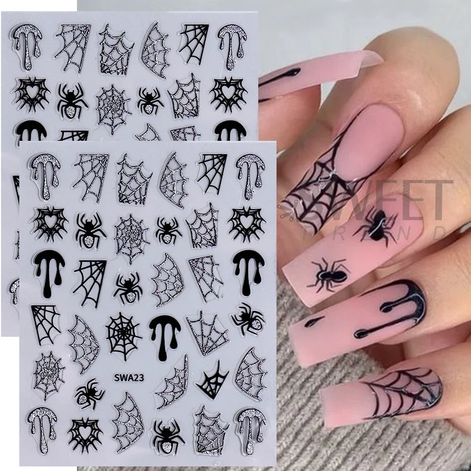 JazzHer 3D Glitter Spider Web Nail Art Stickers Decals Self-Adhesive Spider bat Pumpkin Shimmer Halloween DIY Nail Sliders Supplies