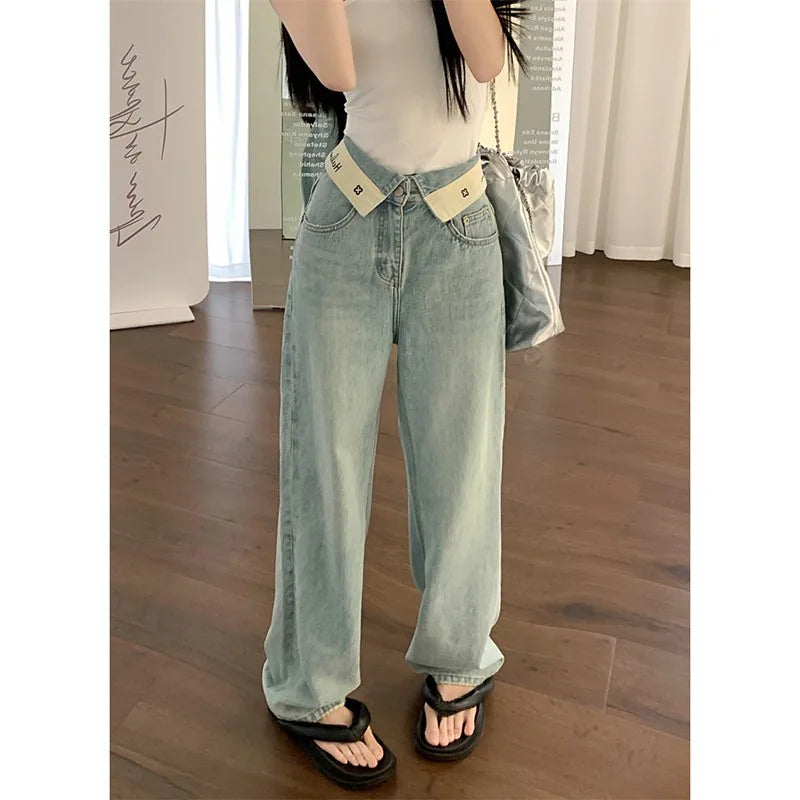 JazzHer Women Jeans Cuffs Wide Leg Pants High Waist Pockets Button Solid Colour Vintage Full Length Straight Trousers Casual Denims