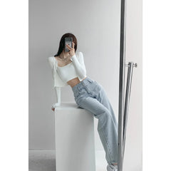 JazzHer Washed Jeans Wide Leg Pants Women High Waist Pockets Button Basics Solid Full Length Denims Casual Vintage Straight Trousers