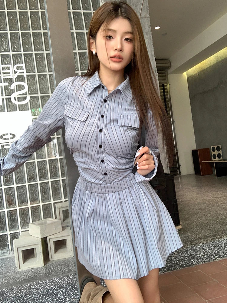 JazzHer-Elegant Vintage Blue Striped Women Mini Dresses Autumn Fashion 2024 New Pleated Long Sleeve Holiday Party Shirt Dress Korean